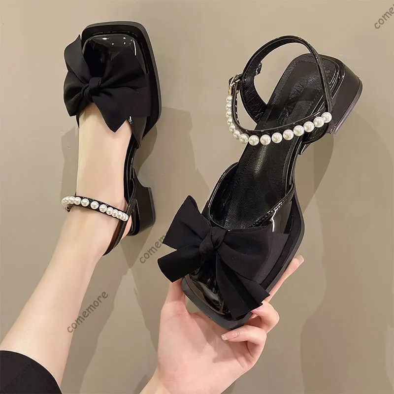 Comemore Baotou Bow Sandals Women Summer Shoes Retro Thick Middle Heel Mary Jane Leather Pumps Shoes Square Toe Sandales Femmes