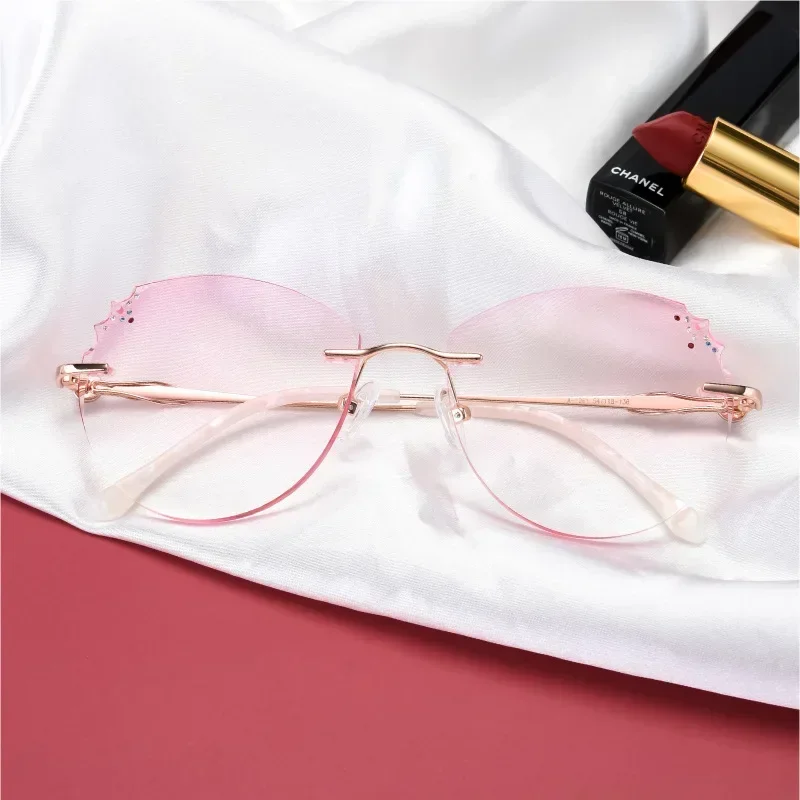 

-100 -125 Frameless Glasses Anti-Blu-ray Computer Diamond-Cut Glasses Women's Pink Customized Prescription Myopia Hyperopia