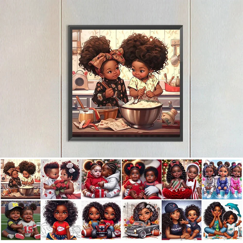 5D DIY Diamond Painting Sister Cute Black Boy Fashion Girl African American Cartoon Cross Stitch Kits Mosaic Art Home Decor Gift