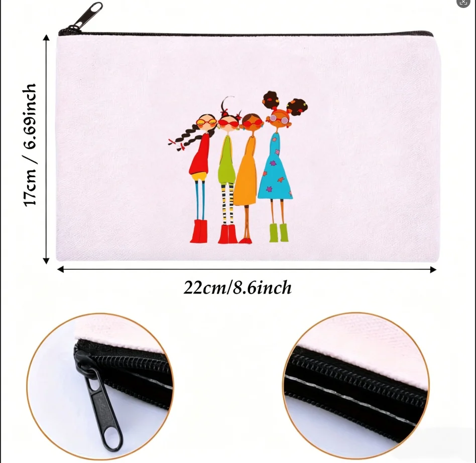 1PC Cute Four Fashion Girls Cartoon Canvas Zipper Punch Colorful Abstract Girl Print Makeup Coin Stationery Storage Bag