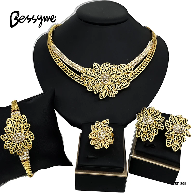 

Elegant 18K Gold Plated Women Jewelry Set Plant Leaf Necklace Earrings Bracelet Ring 4pcs Jewelry Set Wedding Party Accessories