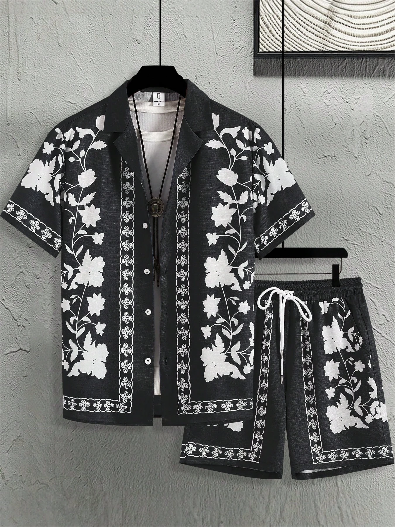 

Short-sleeved Button-down Shirt, Men's Monochrome Hawaiian Print Shirt And Shorts, Men's Casual Vacation Shirt Set