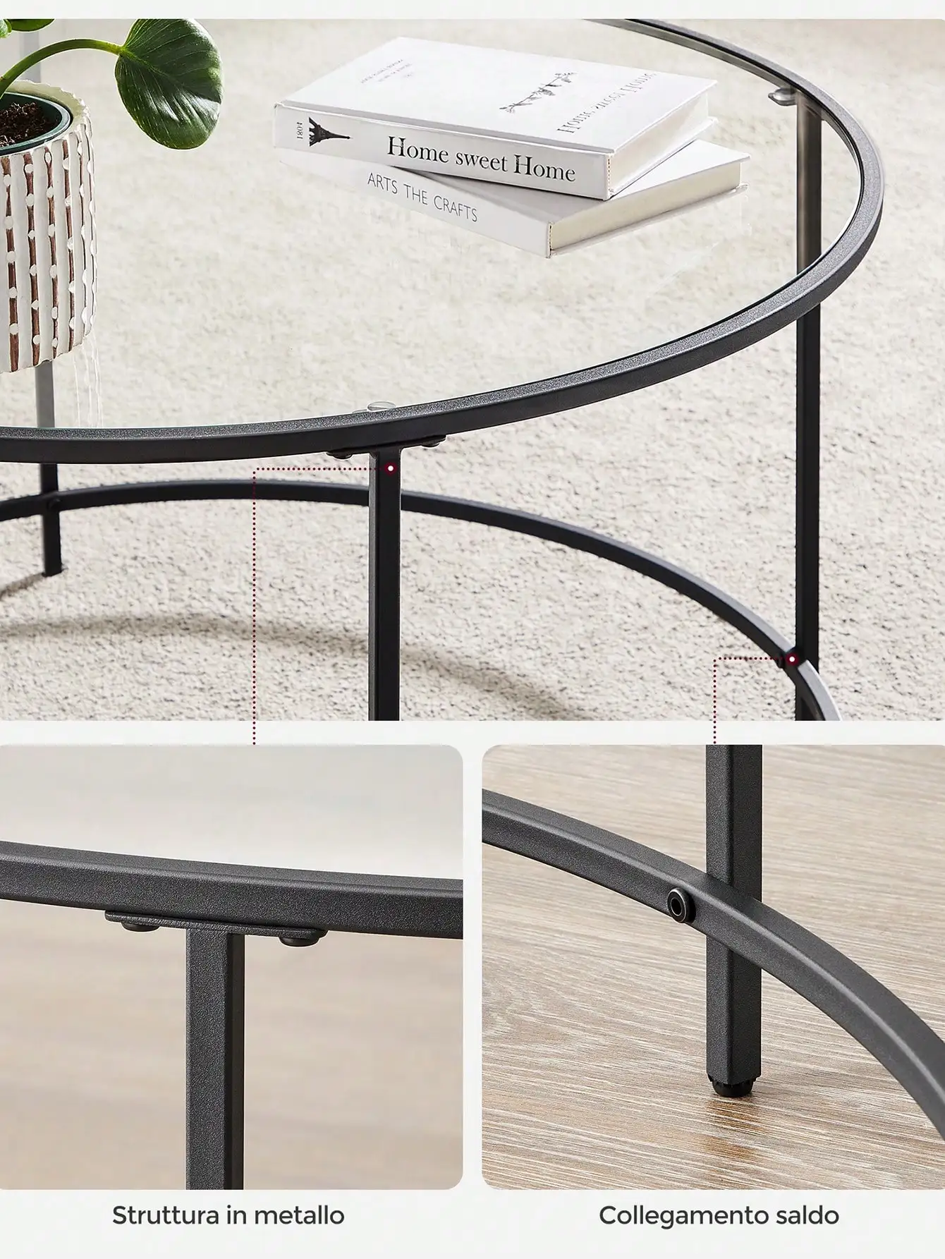 Tavolino da caffè in vetro VASAGLE con cornice AER. Mobili da soggiorno alla moda. Tavolo rotondo in nero.