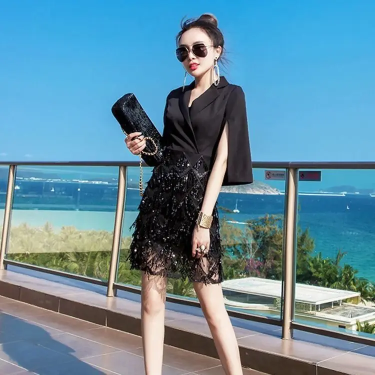 

Women's Fashion Sequins Dresses 2022 Spring Summer Patchwork Fringed Party Dress Ladies Notched Collar Short A- Line Dresses