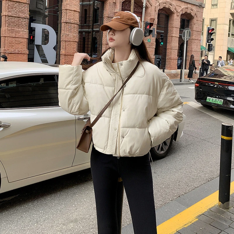 Women Winter Thick Short Parkas Casual All Matching Solid Pu Cotton Puffy Coats Solid Street Lapel Zipper Warm New Female Jacket