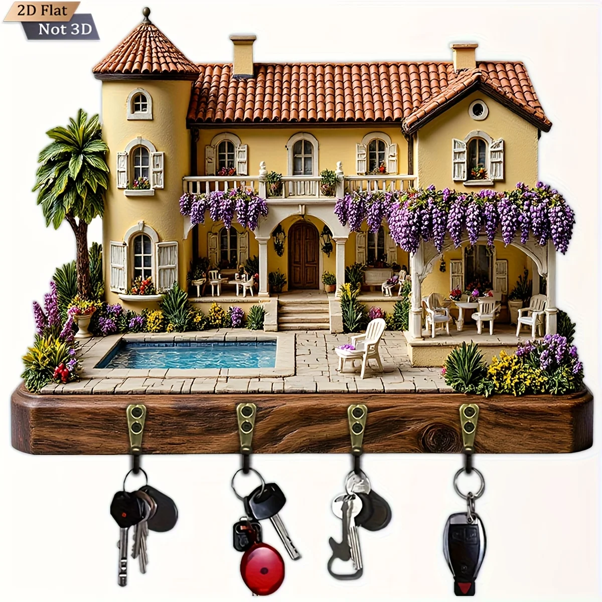 2D Flat, 1pc, Mediterranean Villa Garden Theme Style Key Hook Wooden Multifunctional Home Key Holder with Four Metal Hooks,