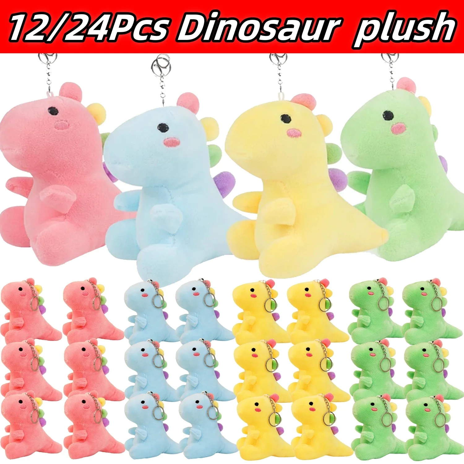 12/24 Pcs Dinosaurs Stuffed Animal Keychain Toy Dinosaur Plush Doll Bulk Dino Plushie Toys Party Favors for Kids Boy Girl Adults