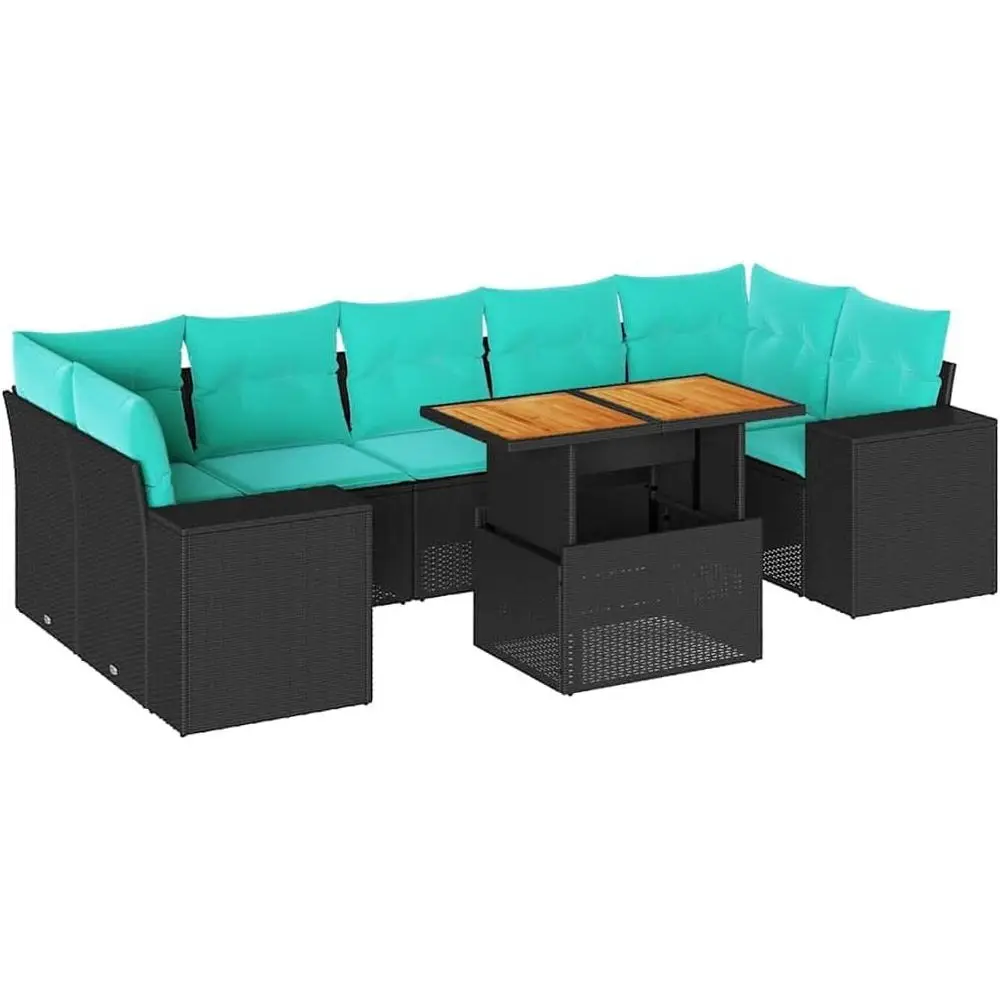 

Black Rattan Outdoor Sofa Set with Cushions, 8-Piece Patio Garden Lounge Furniture