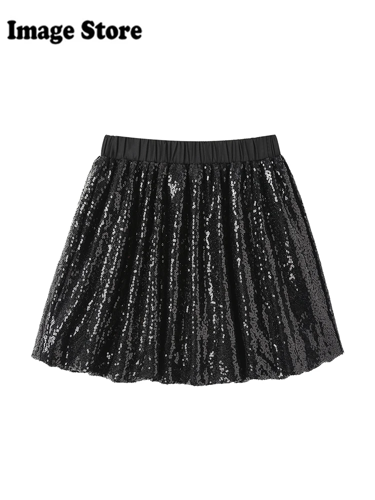 Women Old Money Ballet Core Party Mini Sequin Skirt 2000s Aesthetic Elastic Waist Shoujo Sparkly Night Club E-girl Dark Academia