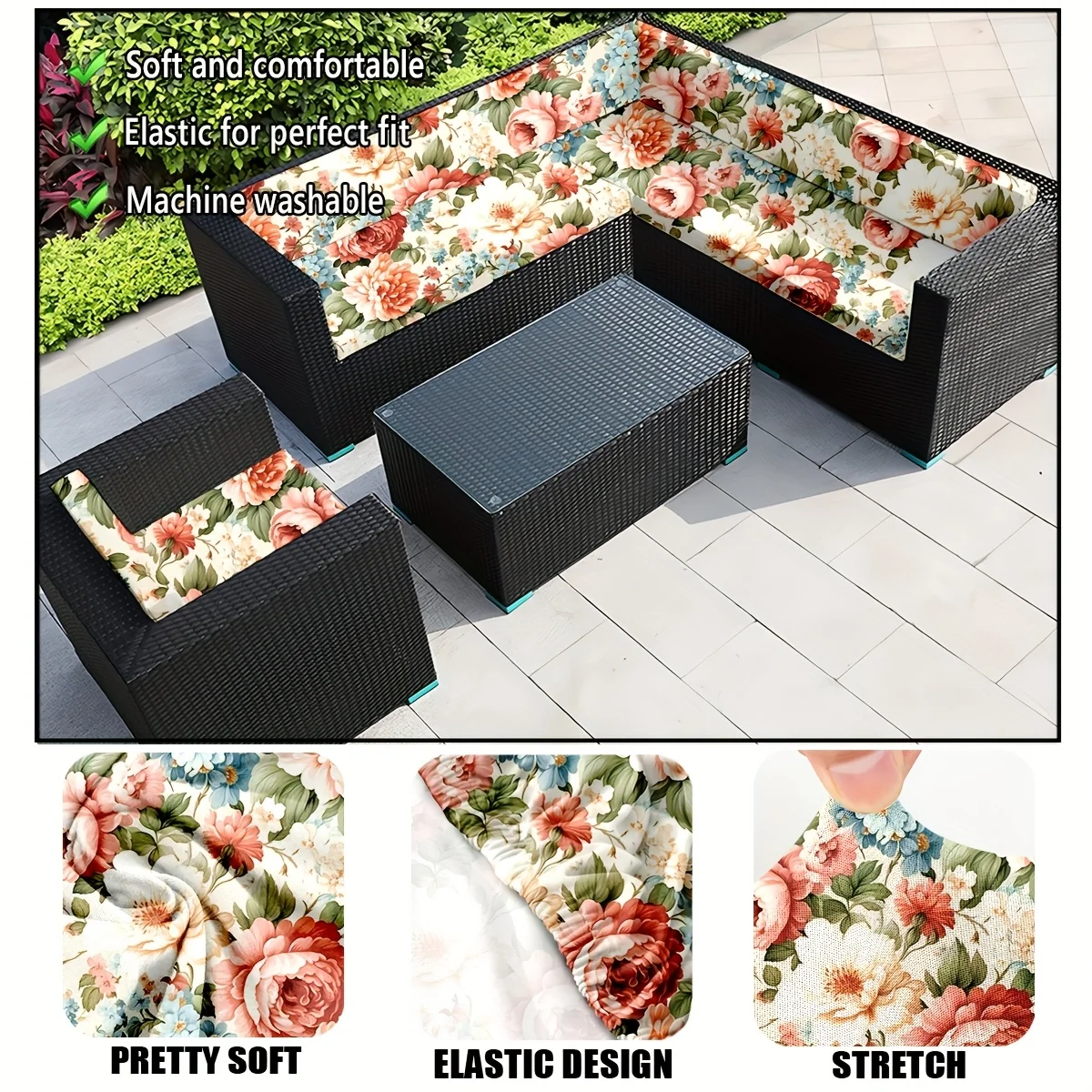 6/8pcs Outdoor sofa cushion cover,Vintage Rose Hydrangea Floral Pattern Patio Furniture Covers for Backyard