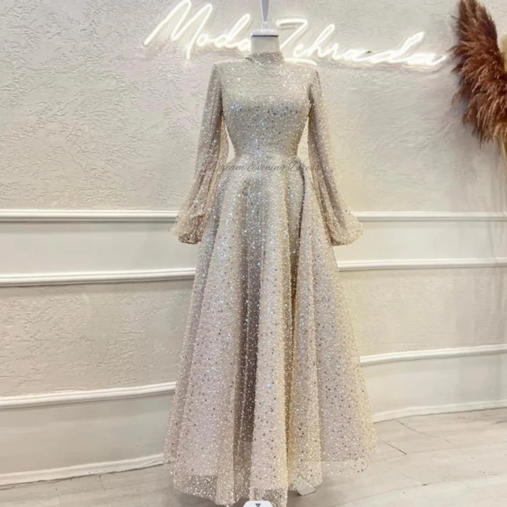 Elegante musulmano paillettes manica lunga collo alto a-line Robe abiti da sera abiti da festa con perline di lusso abiti da laurea