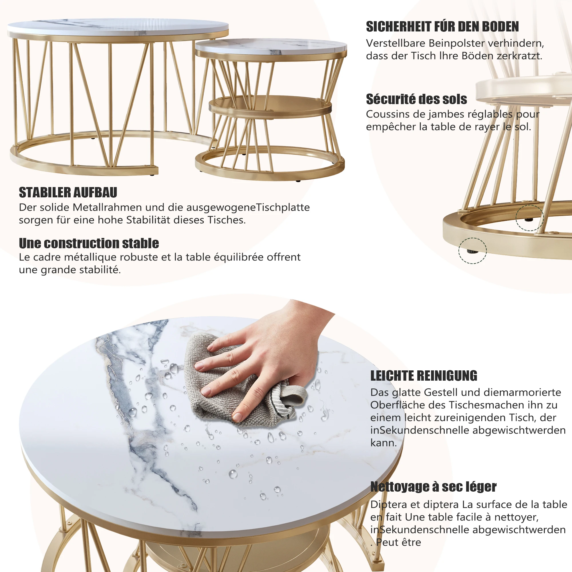 Moderner ineinander steckbarer Couchtisch, Couchtisch-Set, Marmorfurnier, Sofa-Seitennest der Tische, runde Beistelltische, 2er-Set, goldenes Gestell