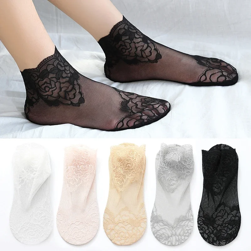 

1 Pair Women Flower Lace Mesh Invisible Socks Thin Ladies Elastic Lace Mesh Ruffle Sock Hollow Non-slip Shallow Anklet Socks