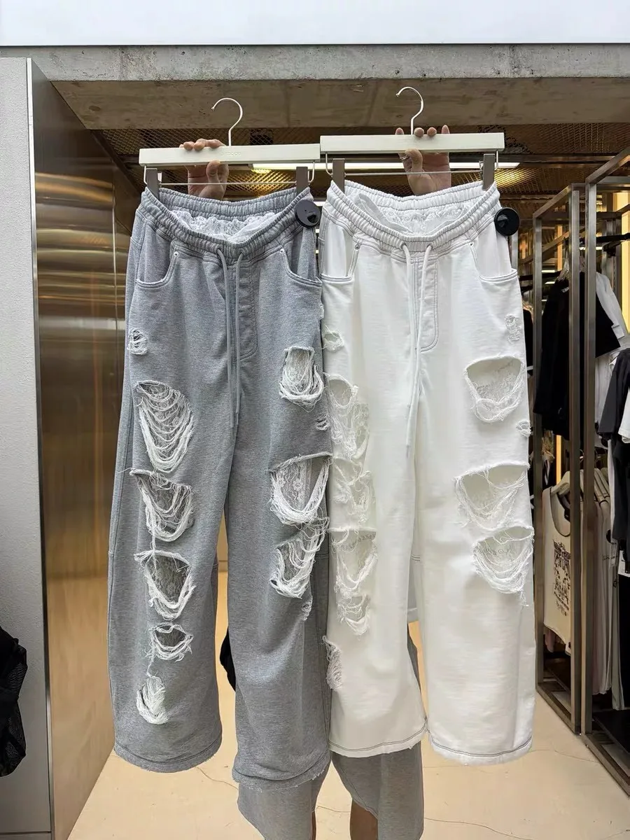 American Lace Splicing Wide Leg Pants Loose Casual Dance Streetwear Ripped Women's Casual Pants Girl's Natural Waist