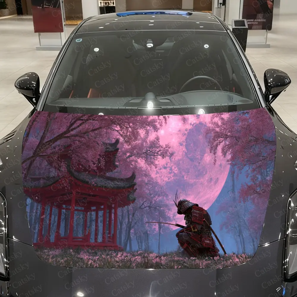 

Samurai under Cherry Blossoms Car Vinyl Wrap, PVC Waterproof Car Hood Sticker, Self-Adhesive Scratch-Resistant Stickers