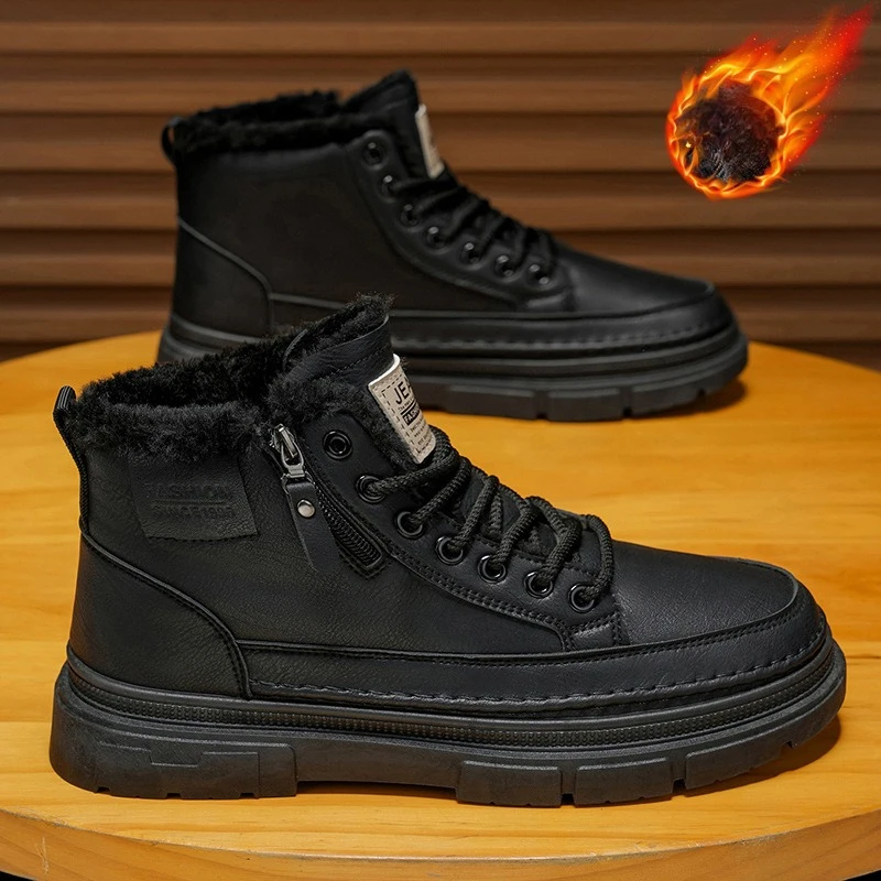 

Black Retro Leather Boots Winter Plush Thermal Men's Shoes Wear Resistant Casual Sneakers zapatillas comodas men shoes