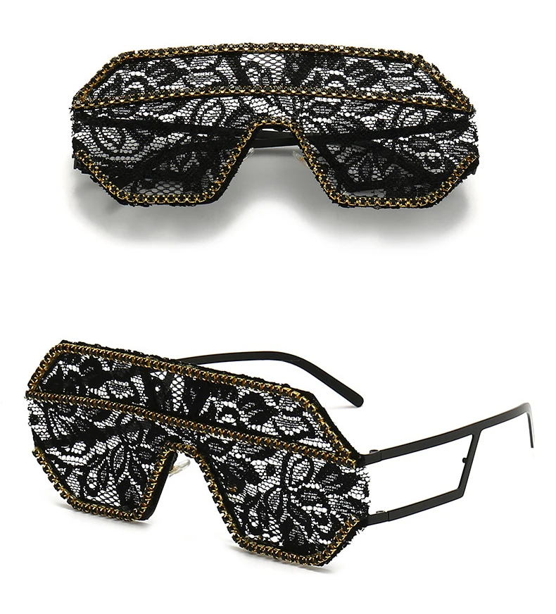 Ein Stück Floral Spitze Sonnenbrille Frauen Punk Großen Rahmen Diamant Sonnenbrille Weibliche Flache Top Strass Outdoor Fashion Brillen – Detail 13