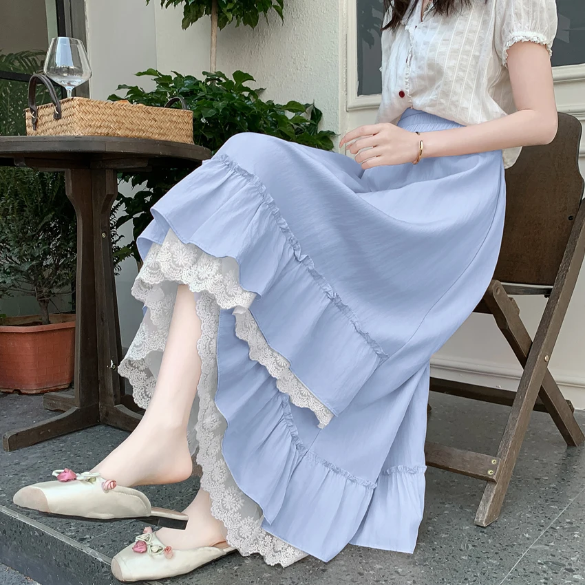 Casual Basic High Waisted Women's Holiday Long Skirt Summer Korean Retro Lace Patchwork Sweet Irregular A-line Skirt for Women