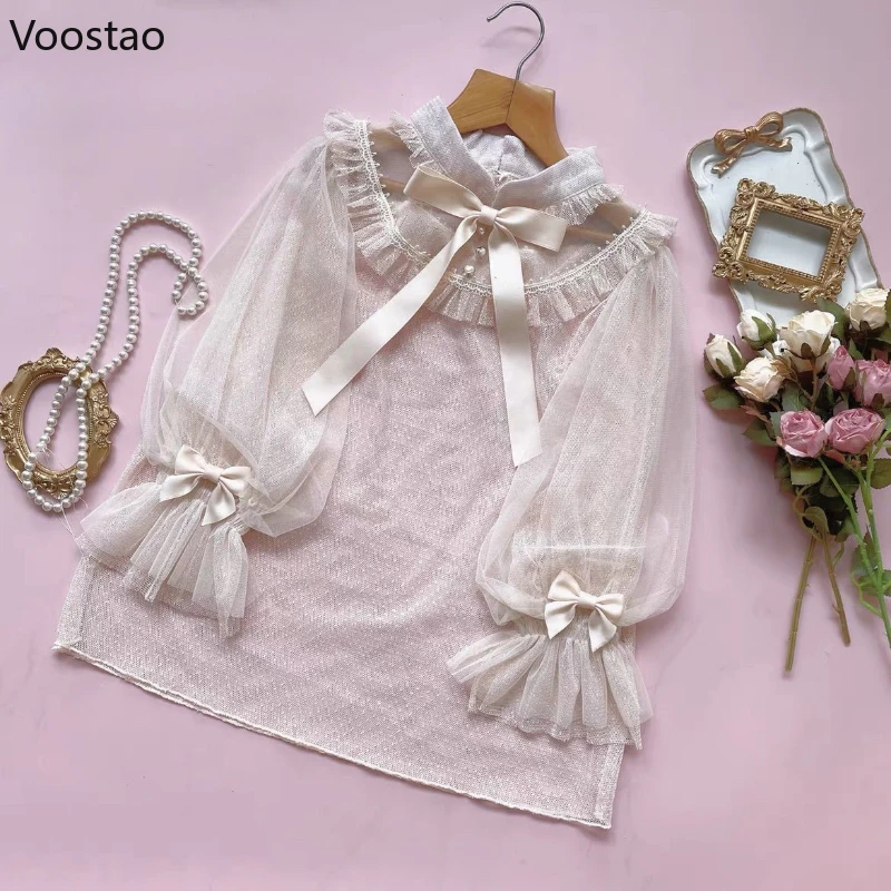 

Японские блузки Kawaii Lolita, женские милые прозрачные рубашки с бантом и оборками в горошек, сетчатые рубашки для девочек Y2k, милые топы в стиле Лолиты Blusas Mujer