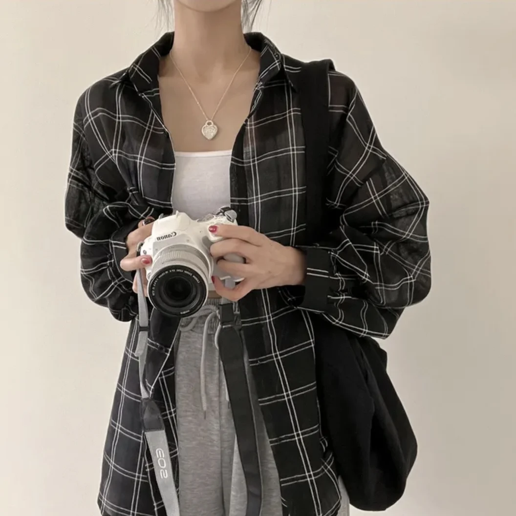 Estate da donna New Chic Allentato Lungo Sve Sottile Protezione solare irt Plaid Faionable mat Top Coreano Sle