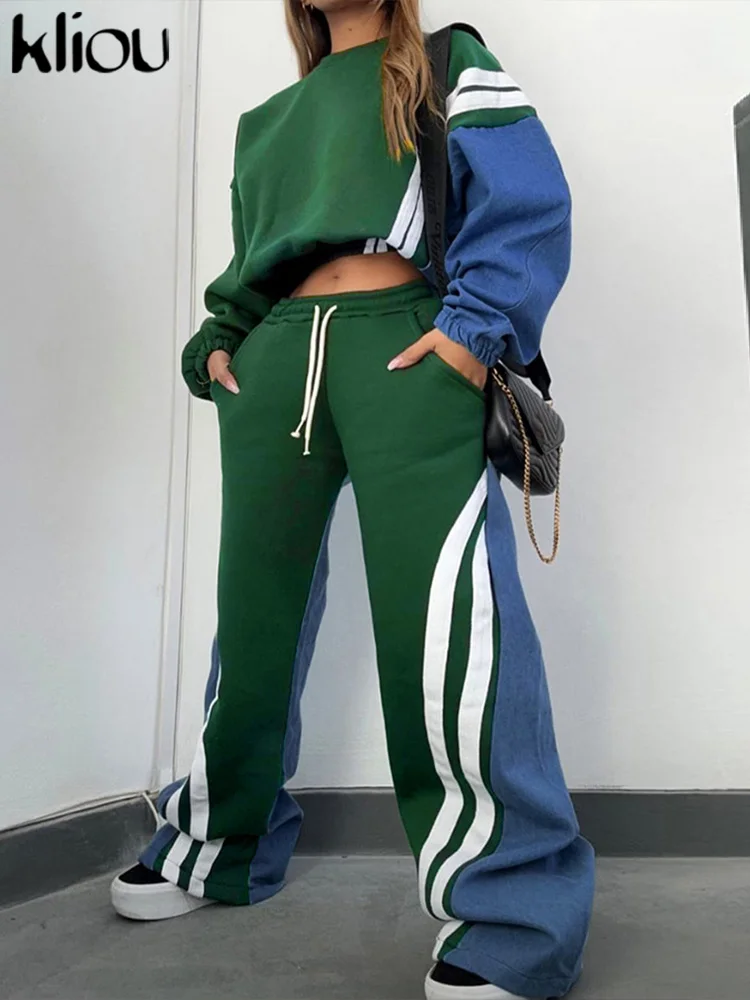 kliou Panelled Women Casual Pants 2024 New Sporty Oversized Elastic Waist Stripe Patchwork Trousers Female Basic Active Bottoms