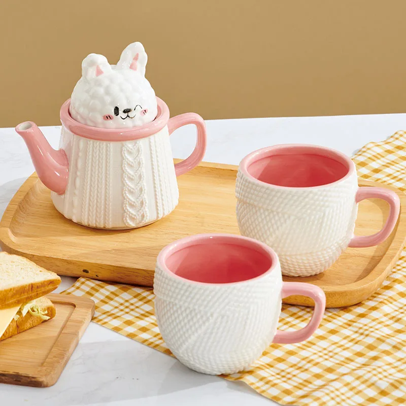 Adorable Rabbit Embossed Ceramic Drinkware Set - Sweater Pattern INS Style, Perfect for Home Tea Time