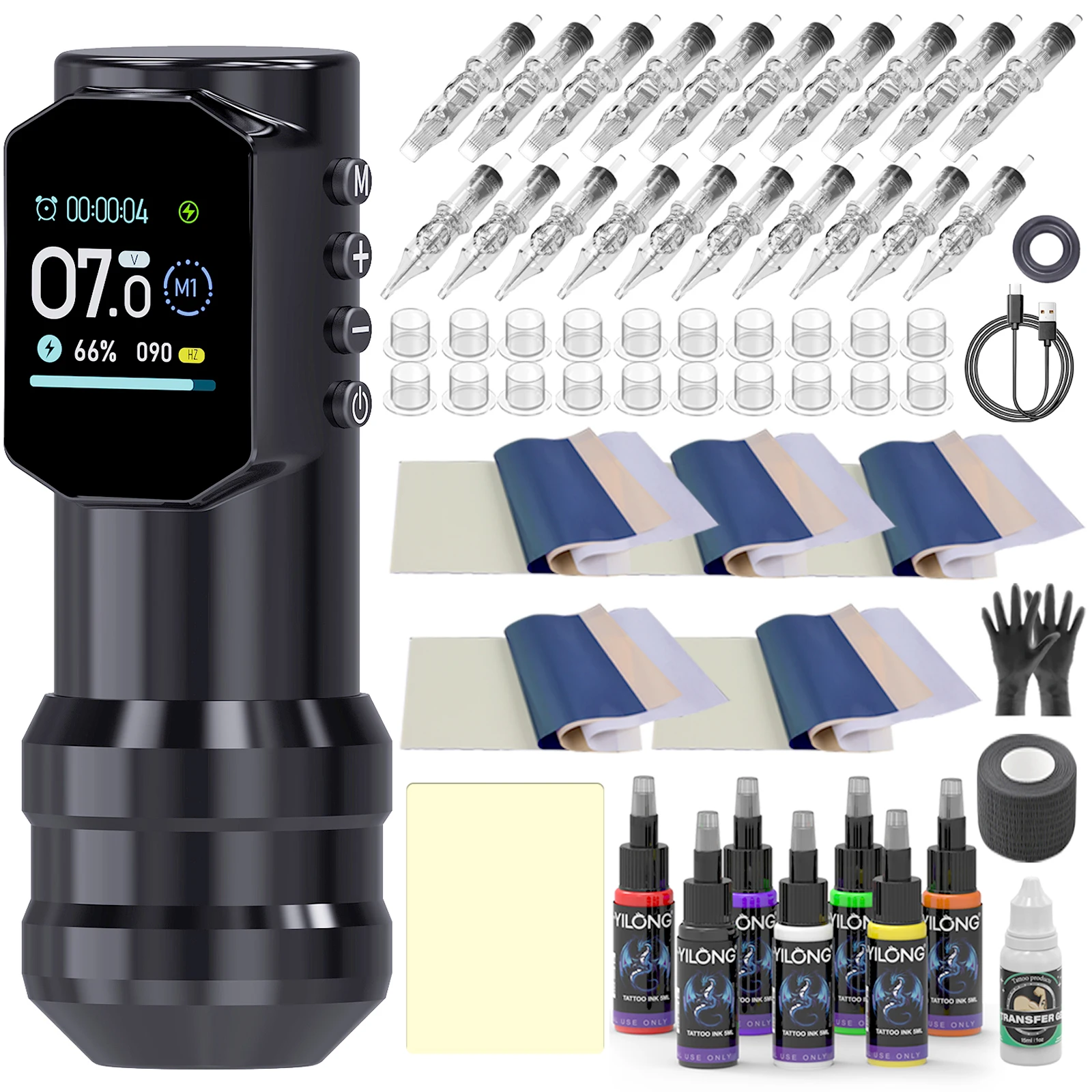 

YILONG BLack Tattoo Pen Machine Kit Large Screen LED Display and 7 Bours of battery Life Power Supply Tattoo Gun Kit