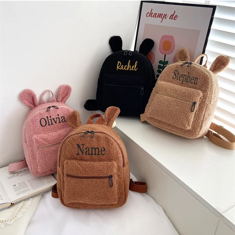 

Personalised Embroidery Fuzzy Rabbit Backpack Fluffy Plush School Bag With Bunny Ears Zipper-Open Plush Shoulder Bag For Girls