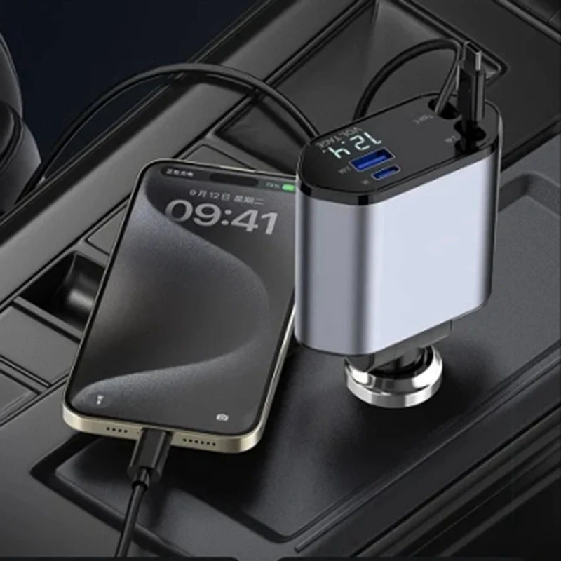 Car Retractable Car Charger 2 USB Ports Support 120W Super Fast Charge Flash Charge 4-In-1 Cigarette Lighter