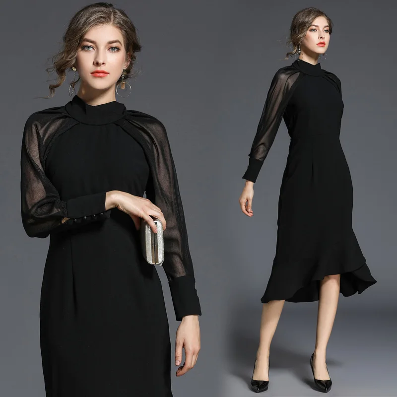 2024 New Black Simple Atmospheric Elegant Stand Collar Dress For Women's Autumn Long Sleeve Temperament Slim Fit Fishtail Skirt