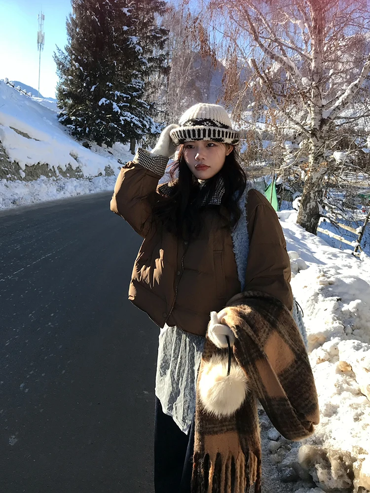 

Double-Sided Wear Plaid White Du down Bread Sle Jaet Korean Design Winter Casual Loose Fit ort Length Ladies Puffer Coat