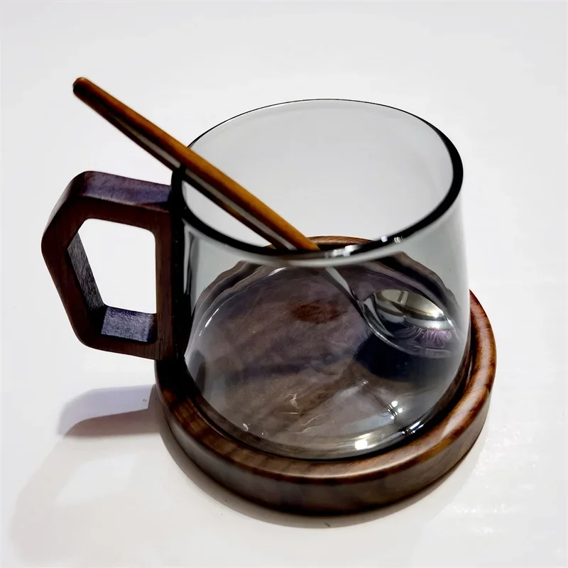 320ml American Latte Heat-resistant Glass Coffee Mug With Wooden Tray Spoon Milk Tea Cup Fresh Ground Cup Barista Cafe Access