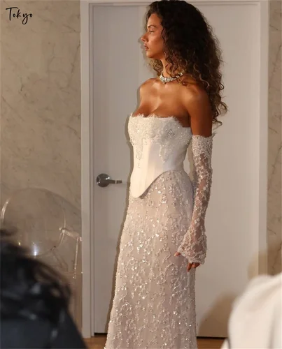 Imagen 1 del producto Vestido de novia blanco sin tirantes de Tokio, mangas desmontables, vestido de novia con cremallera trasera, vestido de novia hasta el suelo de sirena 2025