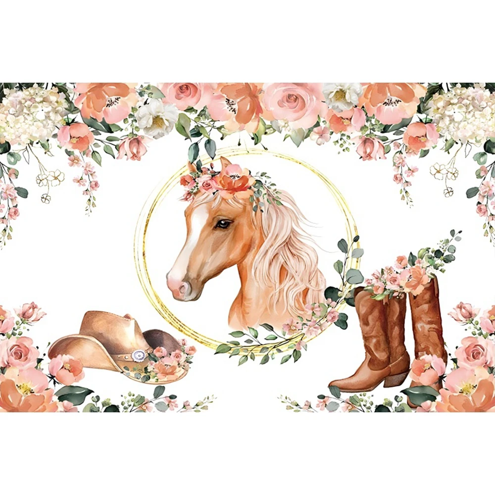 Cowboy Horse Theme Backdrop for Boys Western farm Cowgirl Birthday Party Flower Saddle Kids Portrait Photography Background