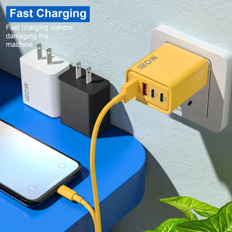 120W Fast Charger type-C Quick Charge 3.0 USB charger cable adapter for Xiaomi Samsung iPhone 2 PD 4 ports EU/US plug