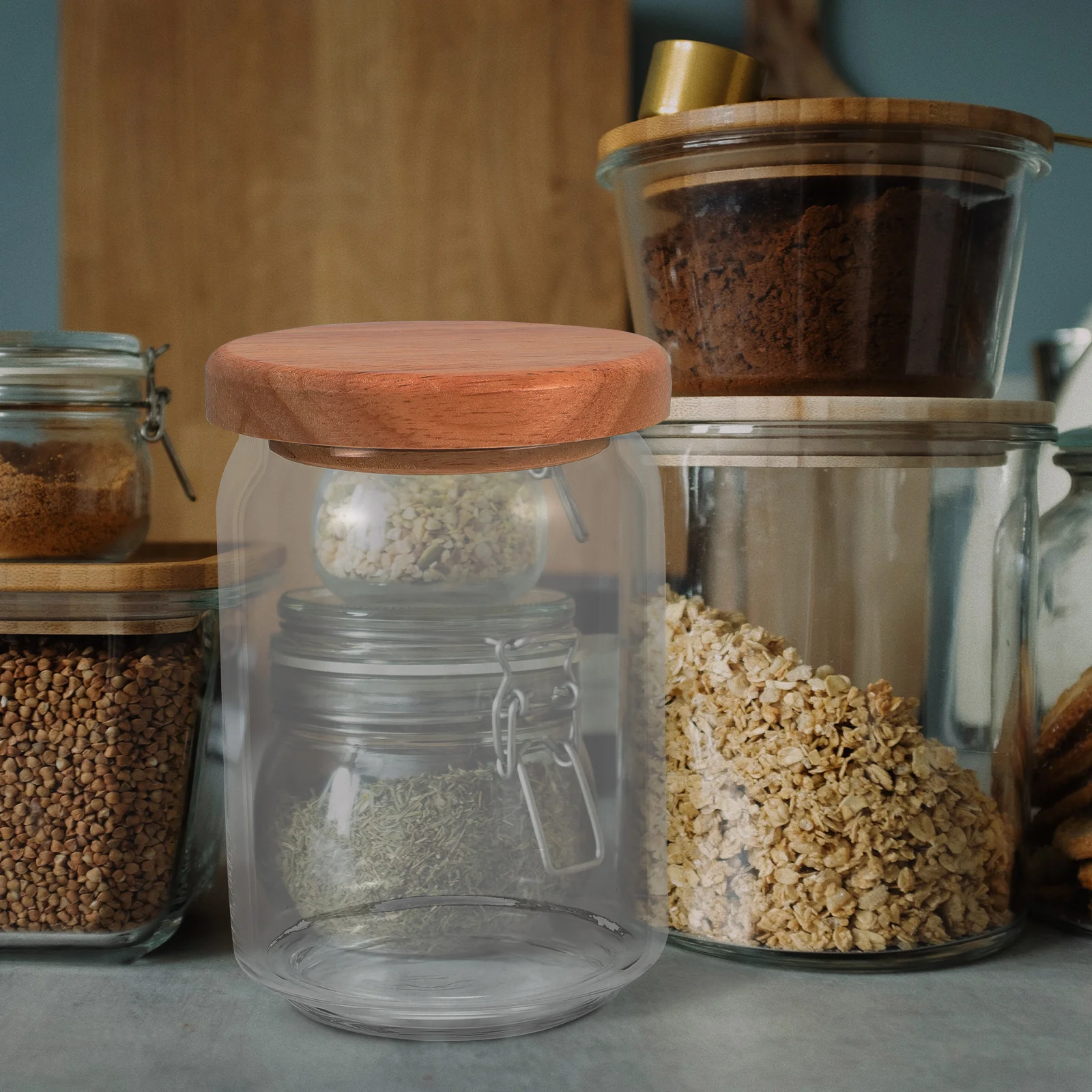 

Glass Coffee Bean Storage Jar Wood Lid Airtight Sealed Container Kitchen Pantry Coffee Canister Glass Sealed Jar