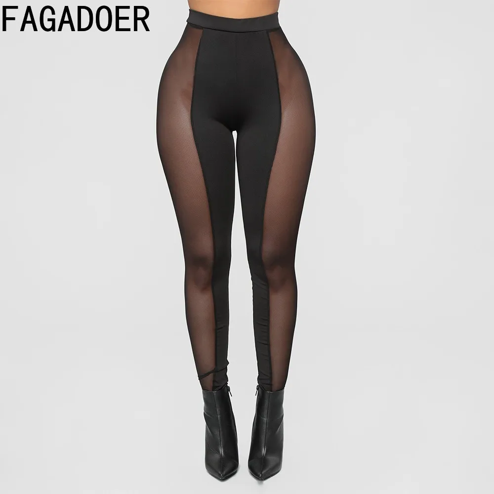 

FAGADOER Fashion Mesh Perspective Sporty Skinny Pants Women High Waisted Elastic Sheer Legging Trousers Sexy Nightclub Bottoms