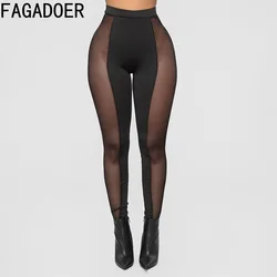 FAGADOER Fashion Mesh Perspective Sporty Skinny Pants Women High Waisted Elastic Sheer Legging Trousers Sexy Nightclub Bottoms