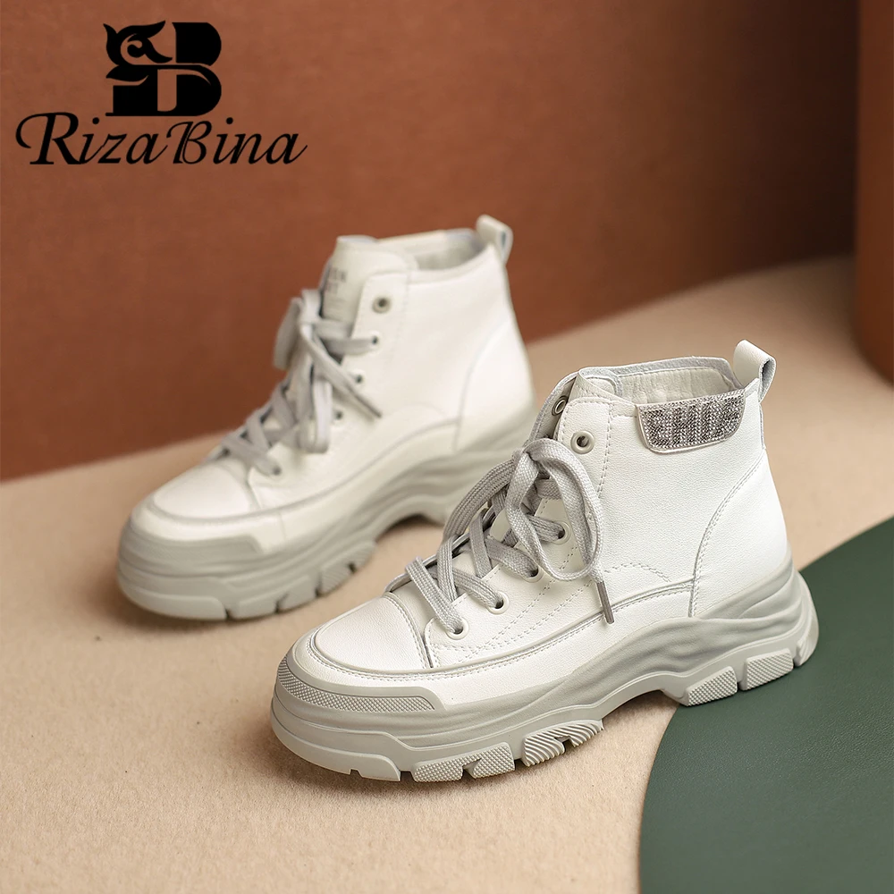 RIZABINA Fashion Ankle Boots Casual Genuine Leather Lace-up Boots For Women Letter Round Toe Thick Bottom Spring/Autumn Shoes