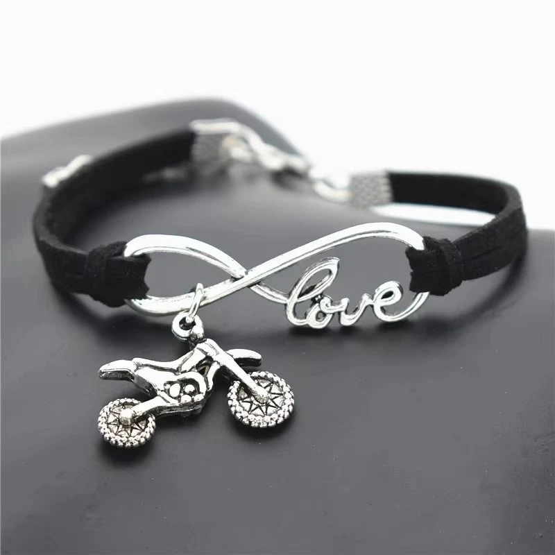 Punk Sports Antique Silver Color Motocross Flying Fast Motorcycle Dirt Bike Charms Infinity Love Leather Bracelets Jewelry
