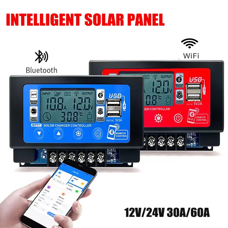 12V/24V LCD Digital Display 30A 60A Bluetooth WiFi Solar Charge Controller Embedded Snap-on Energy Storage MPPT Solar Controller