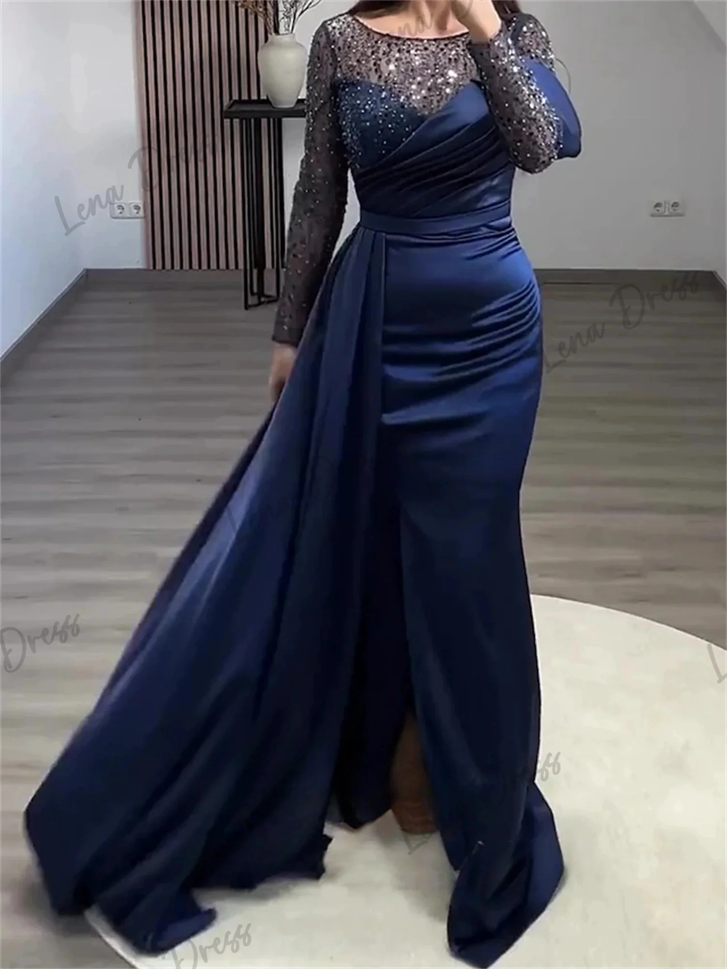 Lena Navy Blue Dresses for Special Events Elegant Dresses for Women Gala Party Dress Long Sleeves Crew Neck Beads Satin Fishtail