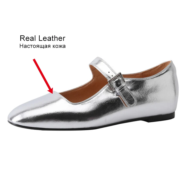 JOZHAMTA Size 33-41 Women Luxury Ballet Flats Shoes Real Leather Metallic Silver Gold Low Heels For Woman Casual Daily Mary Jane