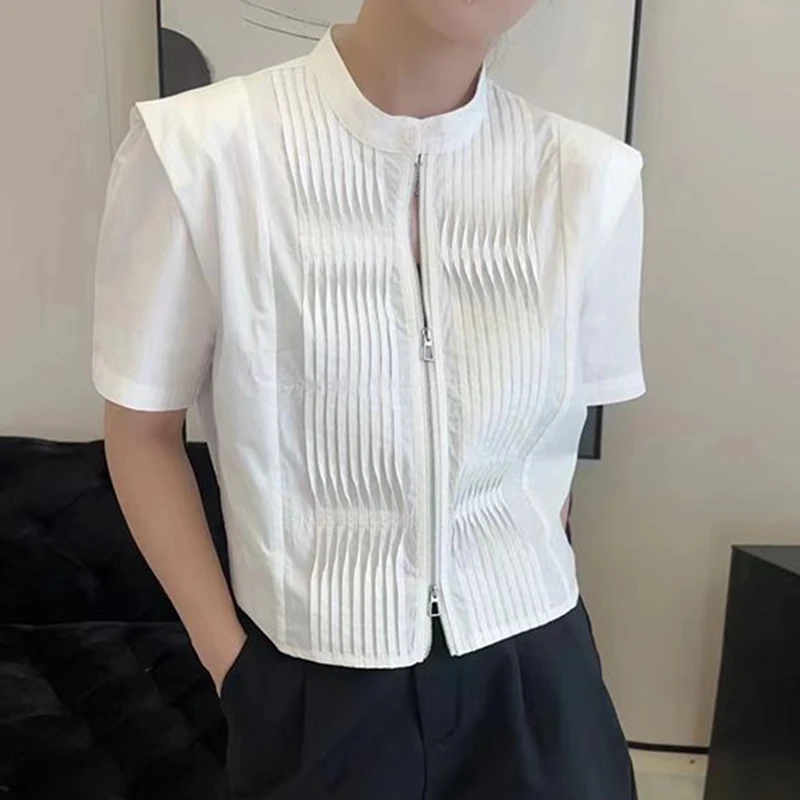 

Folded double zipper chiffon short sleeved chiffon women's top with waist cinching 2024 summer new item