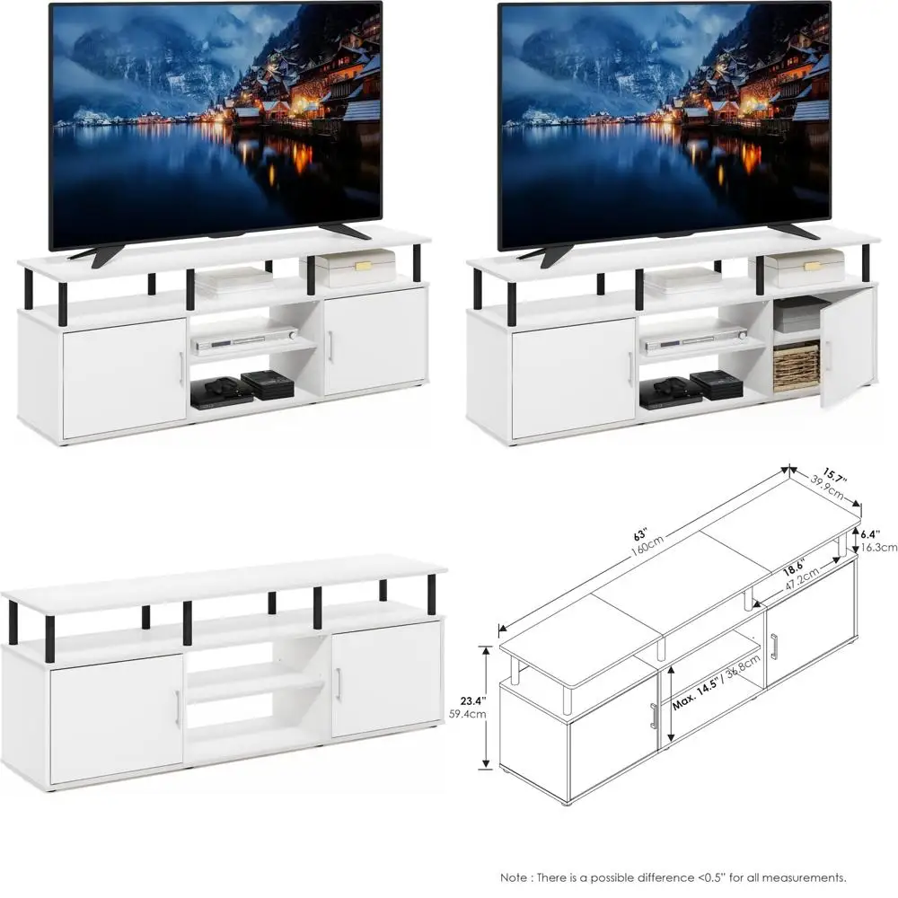Furinno Jensen Entertainment Center Stand for TV up to 70 Inch, Plastic Pole, Solid White/Black