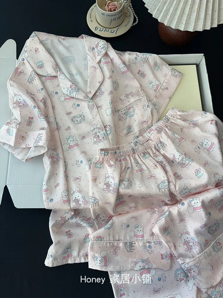 Japanese Summer Ice Silk Sweet and Cute Girls Short-sleeved Three-piece Pajamas Cartoon Pink Casual Comfortable Loungewear