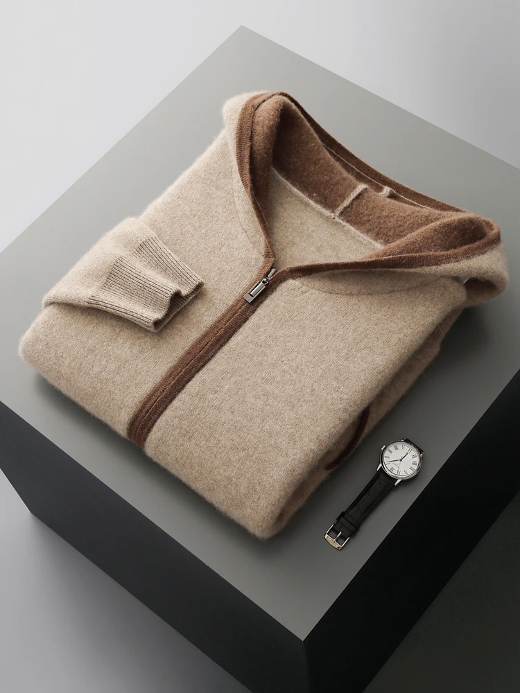 2025 Men Clothes Basic Thick Hooded Cardigan Autumn Winter 100% Cashmere Sweater Soft Warm Knitwear Quality Zipper Fashion Trend