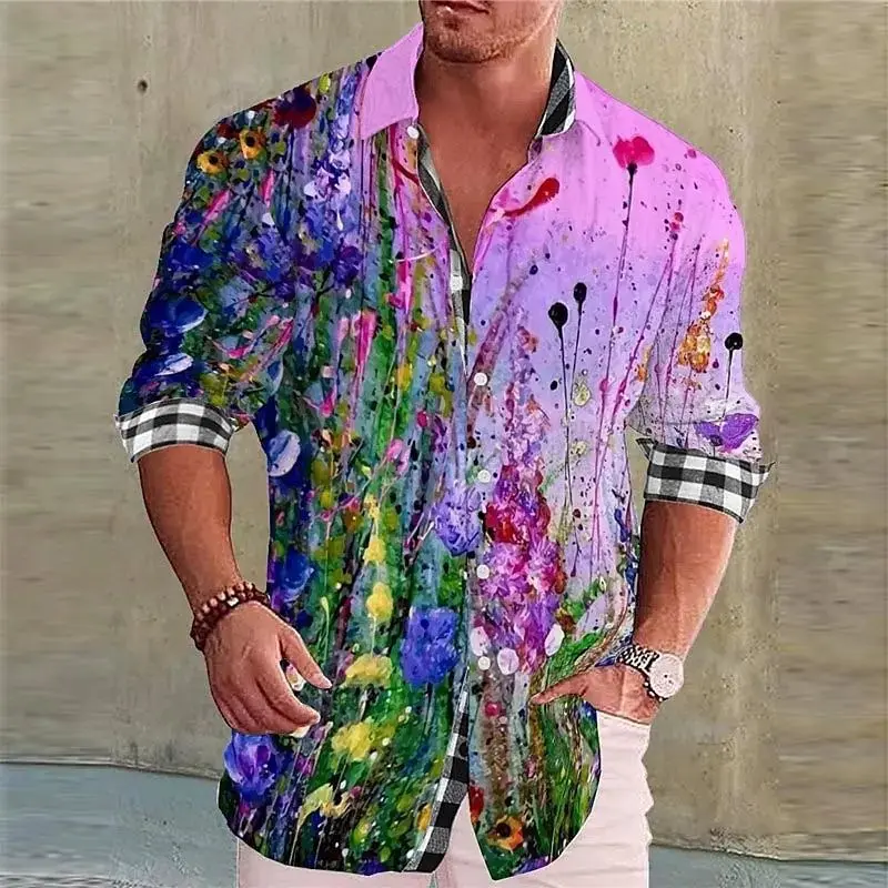 Men's Creative  Floral Suit Lapel Long Sleeve Shirt Thickened Fleece Autumn  Collar Special Wide Fit Shirt