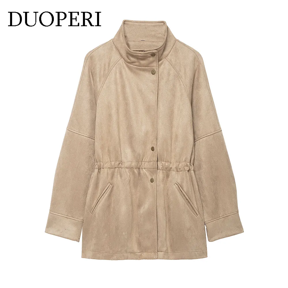 

DUOPERI Women Fashion Khaki Front Zipper Jackets Casual High Neck Long Sleeves Female Elegant Chic Lady Outfits