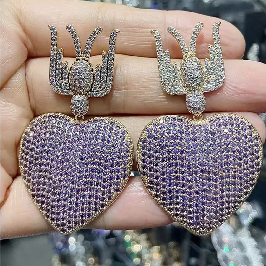 

purple white blue cubic zirconia heart pendant earrings for women luxury jewelry dinner party large heart drop